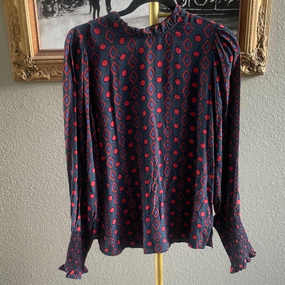 Rachel Zoe Navy and Red Geometric Long-Sleeve Blouse with Shirred Cuffs